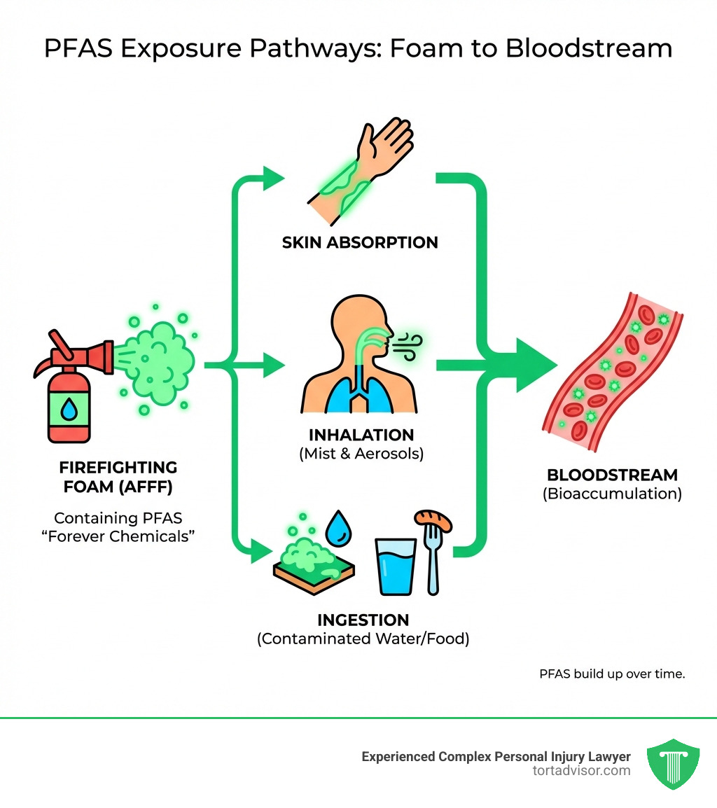 Infographic explaining PFAS exposure pathways from foam to bloodstream - Firefighting foam PFAS lawsuit infographic Infographic explaining PFAS exposure pathways from foam to bloodstream - Firefighting foam PFAS lawsuit infographic