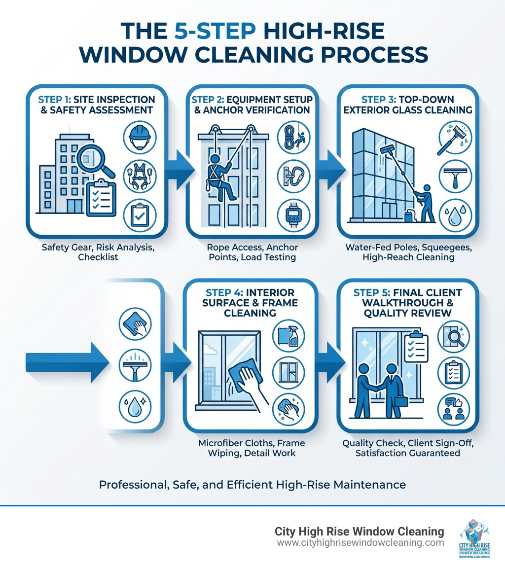 Infographic showing the 5-step high-rise window cleaning process: Step 1 - Site Inspection and Safety Assessment, Step 2 - Equipment Setup and Anchor Verification, Step 3 - Top-Down Exterior Glass Cleaning, Step 4 - Interior Surface and Frame Cleaning, Step 5 - Final Client Walkthrough and Quality Review; each step includes icons for safety gear, rope access, water-fed poles, squeegees, and a checklist - high rise window cleaners near me infographic Infographic showing the 5-step high-rise window cleaning process: Step 1 - Site Inspection and Safety Assessment, Step 2 - Equipment Setup and Anchor Verification, Step 3 - Top-Down Exterior Glass Cleaning, Step 4 - Interior Surface and Frame Cleaning, Step 5 - Final Client Walkthrough and Quality Review; each step includes icons for safety gear, rope access, water-fed poles, squeegees, and a checklist - high rise window cleaners near me infographic