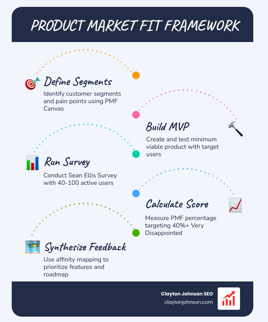 Infographic showing the product market fit template framework: Step 1 - Define customer segments and pain points using PMF Canvas; Step 2 - Build and test MVP with target users; Step 3 - Run Sean Ellis Survey targeting 40-100 active users; Step 4 - Calculate PMF percentage (target: 40%+ Very Disappointed); Step 5 - Synthesize qualitative feedback using affinity mapping; Step 6 - Prioritize features using Impact x Effort matrix; Step 7 - Reassess every 6-12 months or after major market changes - product market fit template infographic infographic-line-5-steps-blues-accent_colors Infographic showing the product market fit template framework: Step 1 - Define customer segments and pain points using PMF Canvas; Step 2 - Build and test MVP with target users; Step 3 - Run Sean Ellis Survey targeting 40-100 active users; Step 4 - Calculate PMF percentage (target: 40%+ Very Disappointed); Step 5 - Synthesize qualitative feedback using affinity mapping; Step 6 - Prioritize features using Impact x Effort matrix; Step 7 - Reassess every 6-12 months or after major market changes - product market fit template infographic infographic-line-5-steps-blues-accent_colors