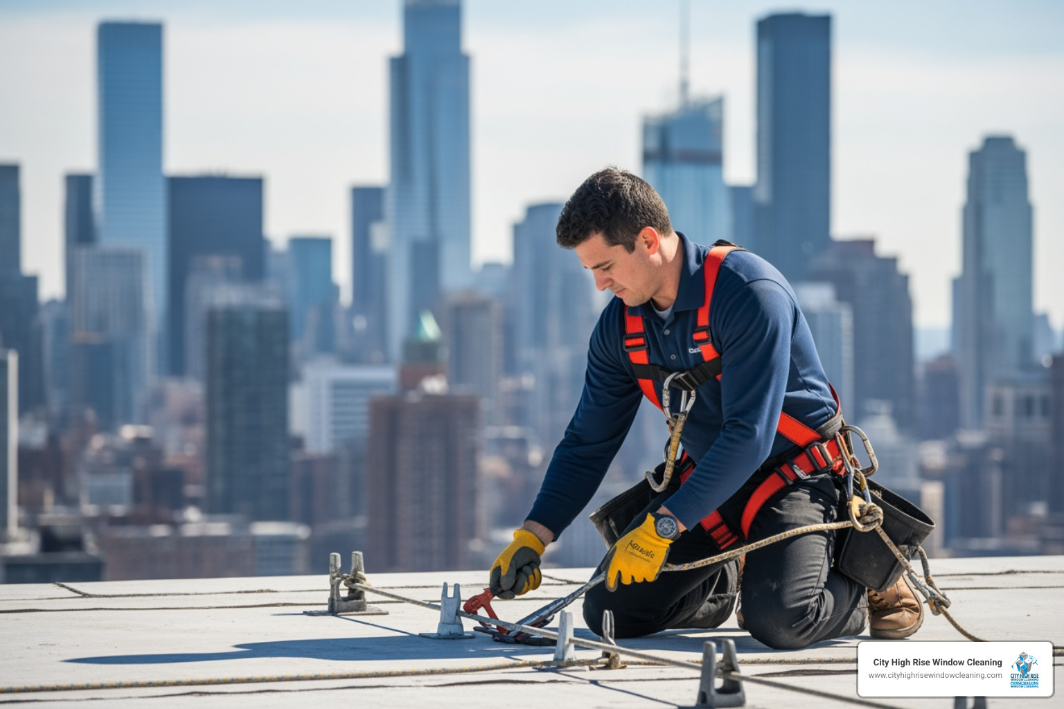 technician inspecting roof anchors - high rise window cleaners near me technician inspecting roof anchors - high rise window cleaners near me