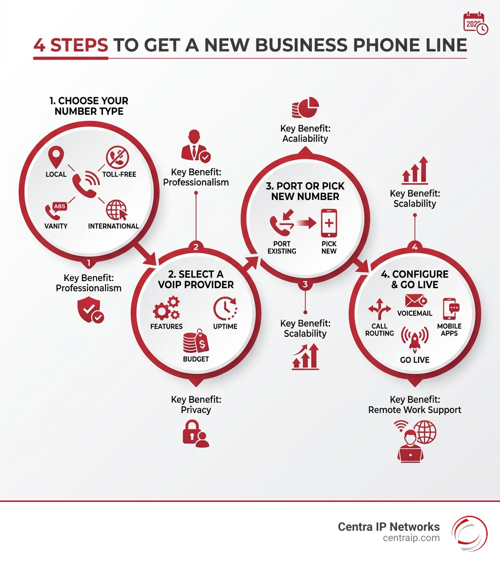 Infographic showing 4 steps to get a new business phone line: Step 1 - Choose your number type (local, toll-free, vanity, international); Step 2 - Select a VoIP provider based on features, uptime, and budget; Step 3 - Port your existing number or pick a new one; Step 4 - Configure call routing, voicemail, and mobile apps and go live — with key benefits listed alongside each step including professionalism, privacy, scalability, and remote work support - new business phone line infographic Infographic showing 4 steps to get a new business phone line: Step 1 - Choose your number type (local, toll-free, vanity, international); Step 2 - Select a VoIP provider based on features, uptime, and budget; Step 3 - Port your existing number or pick a new one; Step 4 - Configure call routing, voicemail, and mobile apps and go live — with key benefits listed alongside each step including professionalism, privacy, scalability, and remote work support - new business phone line infographic