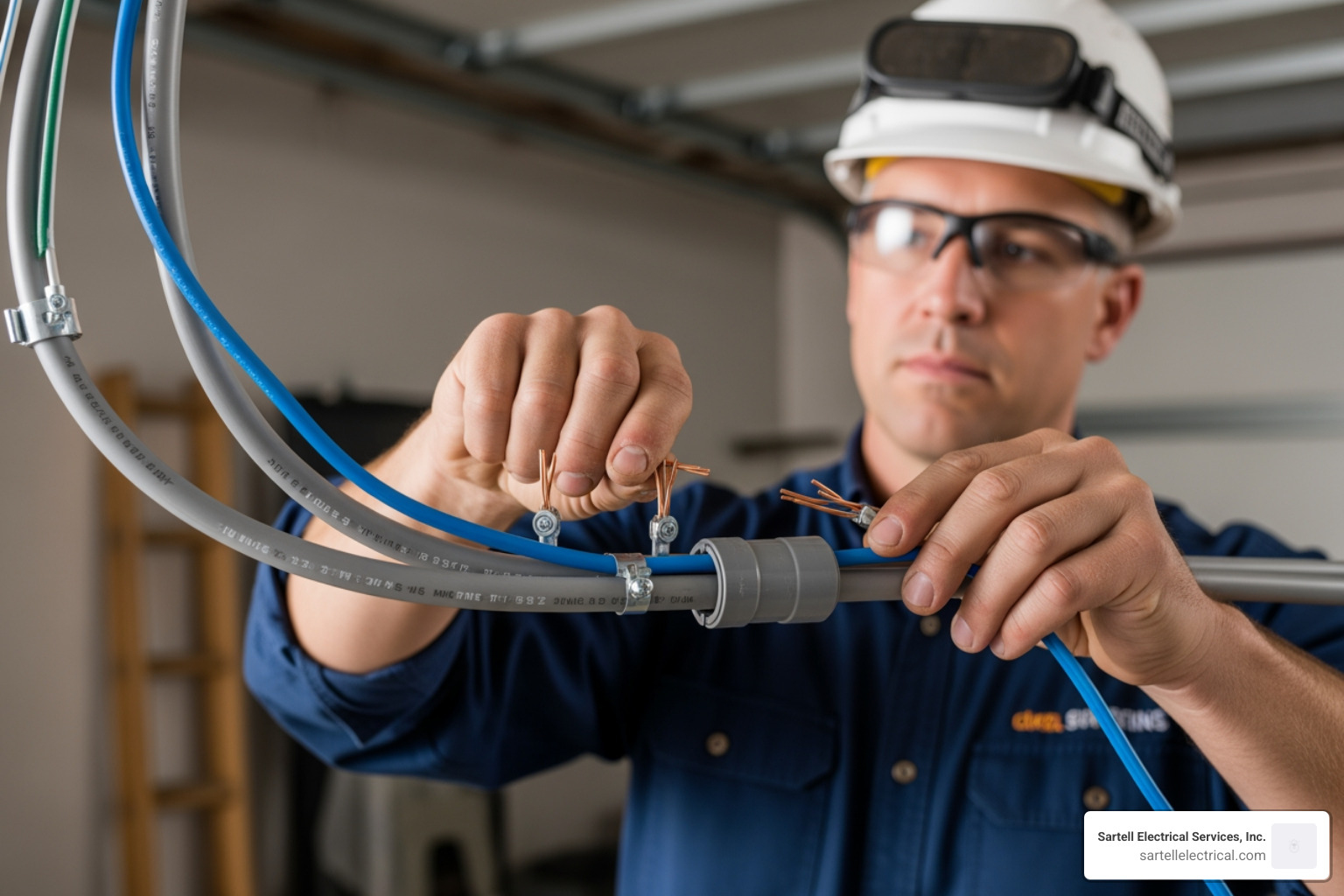 Electrician installing feeder wires into a PVC conduit for a subpanel run - 60 amp breaker to 100 amp subpanel Electrician installing feeder wires into a PVC conduit for a subpanel run - 60 amp breaker to 100 amp subpanel