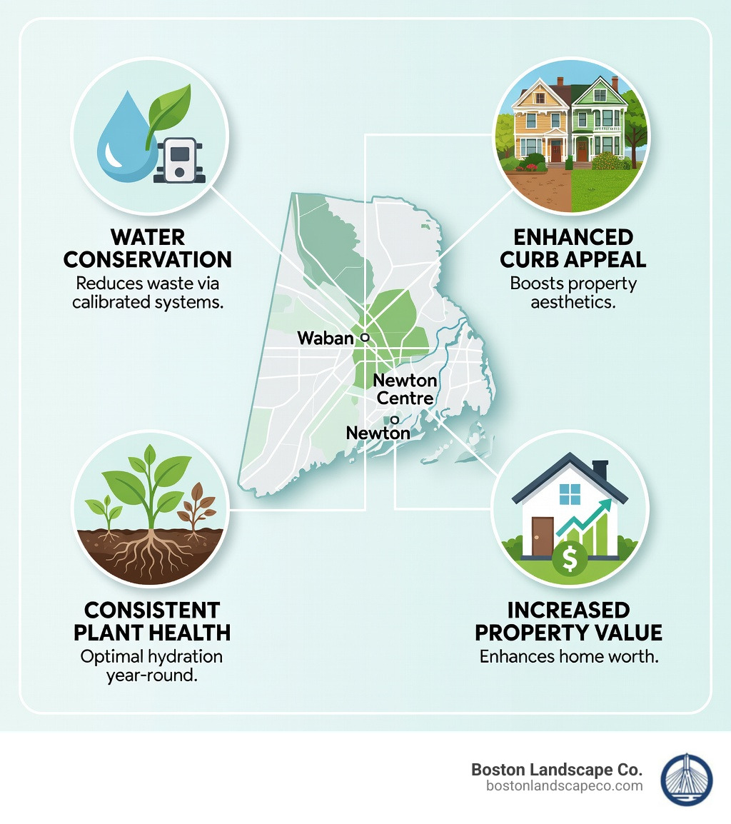 Infographic detailing the key benefits of professional irrigation services in Newton, MA, including water conservation, enhanced curb appeal, consistent plant health, and increased property value. - Irrigation Services Newton MA infographic Infographic detailing the key benefits of professional irrigation services in Newton, MA, including water conservation, enhanced curb appeal, consistent plant health, and increased property value. - Irrigation Services Newton MA infographic