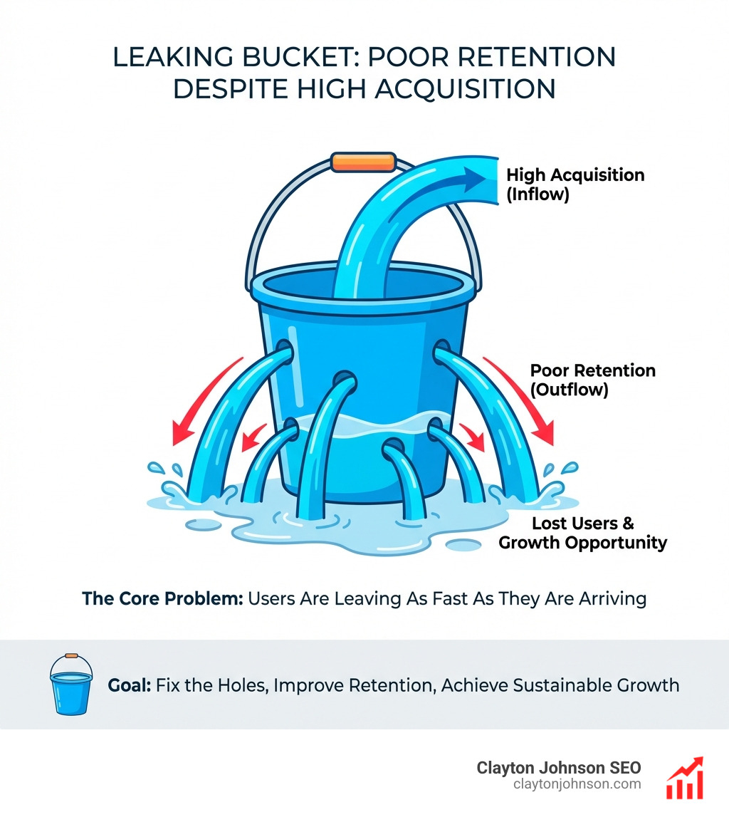 Infographic of a leaking bucket representing poor retention despite high acquisition - product market fit template infographic Infographic of a leaking bucket representing poor retention despite high acquisition - product market fit template infographic