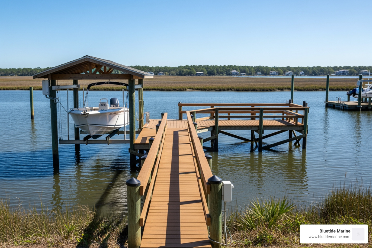 L-shaped dock with a boat lift installed on a tidal creek in Charleston, showing a 16x16 pier head and a 4-foot wide walkway - average boat dock size L-shaped dock with a boat lift installed on a tidal creek in Charleston, showing a 16x16 pier head and a 4-foot wide walkway - average boat dock size