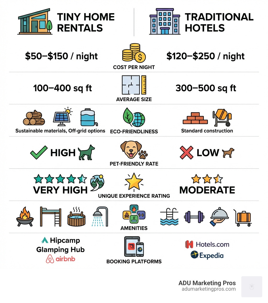 Infographic comparing tiny home rentals vs traditional hotels: showing side-by-side columns for cost per night ($50-$150 vs $120-$250), average size (100-400 sq ft vs 300-500 sq ft), eco-friendliness (sustainable materials, off-grid options vs standard construction), pet-friendly rate (high vs low), unique experience rating (very high vs moderate), amenities (fire pit, loft, hot tub, outdoor shower vs pool, gym, room service), and booking platforms (Hipcamp, Glamping Hub, Airbnb vs Hotels.com, Expedia) - rent a tiny home near me infographic 