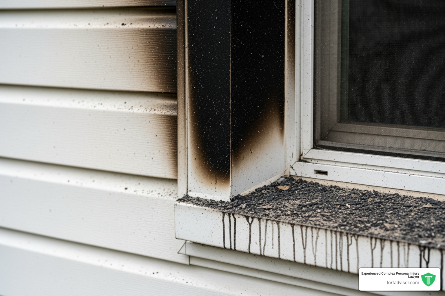 Close-up of wildfire smoke damage on a home's white exterior siding and window frame - wildfire insurance claim lawyer Close-up of wildfire smoke damage on a home's white exterior siding and window frame - wildfire insurance claim lawyer