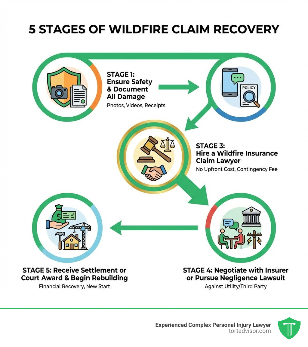 Infographic showing the 5 stages of wildfire claim recovery: Stage 1 - Ensure Safety and Document All Damage (photos, videos, receipts); Stage 2 - Notify Your Insurance Provider and Review Your Policy; Stage 3 - Hire a Wildfire Insurance Claim Lawyer (no upfront cost, contingency fee); Stage 4 - Negotiate with Insurer or Pursue Negligence Lawsuit Against Utility/Third Party; Stage 5 - Receive Settlement or Court Award and Begin Rebuilding - wildfire insurance claim lawyer infographic Infographic showing the 5 stages of wildfire claim recovery: Stage 1 - Ensure Safety and Document All Damage (photos, videos, receipts); Stage 2 - Notify Your Insurance Provider and Review Your Policy; Stage 3 - Hire a Wildfire Insurance Claim Lawyer (no upfront cost, contingency fee); Stage 4 - Negotiate with Insurer or Pursue Negligence Lawsuit Against Utility/Third Party; Stage 5 - Receive Settlement or Court Award and Begin Rebuilding - wildfire insurance claim lawyer infographic
