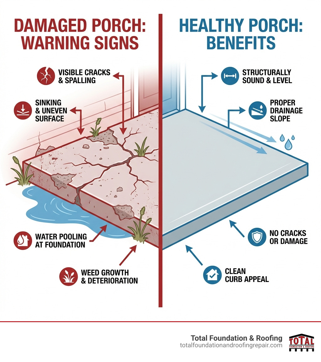 Infographic comparing a sinking, cracked concrete porch with visible spalling, weeds, and water pooling near the foundation versus a structurally sound, level concrete porch with proper drainage slope, no cracks, and clean curb appeal — with labeled callouts for key warning signs on the damaged side and benefits on the healthy side - concrete porch replacement infographic 