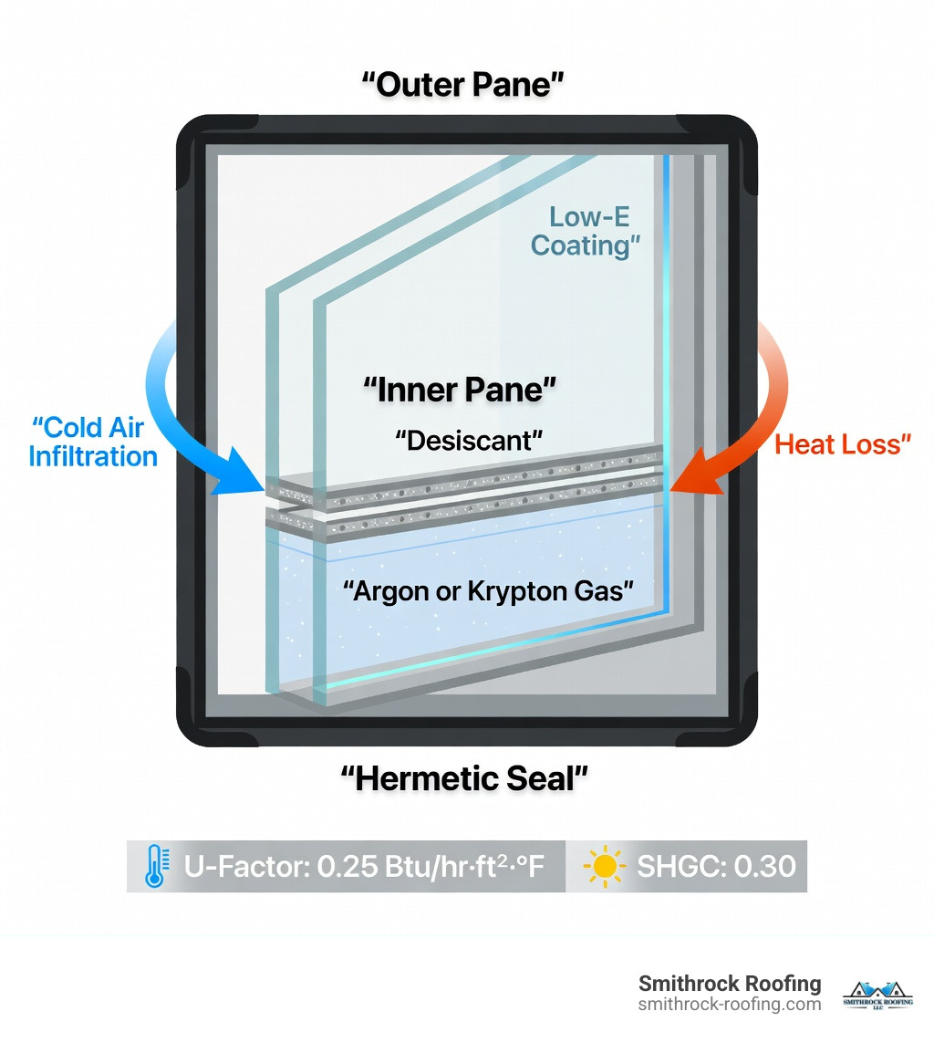 Infographic showing the anatomy of an insulated glass unit (IGU): two glass panes labeled 'Outer Pane' and 'Inner Pane' separated by a 'Spacer Bar' filled with 'Desiccant', a sealed 'Argon or Krypton Gas Fill' cavity between the panes, 'Low-E Coating' on the inner surface of the outer pane, and a 'Hermetic Seal' around the perimeter; arrows indicating heat flow being blocked; labels for U-factor and SHGC performance metrics at the bottom - New insulated windows infographic Infographic showing the anatomy of an insulated glass unit (IGU): two glass panes labeled 'Outer Pane' and 'Inner Pane' separated by a 'Spacer Bar' filled with 'Desiccant', a sealed 'Argon or Krypton Gas Fill' cavity between the panes, 'Low-E Coating' on the inner surface of the outer pane, and a 'Hermetic Seal' around the perimeter; arrows indicating heat flow being blocked; labels for U-factor and SHGC performance metrics at the bottom - New insulated windows infographic
