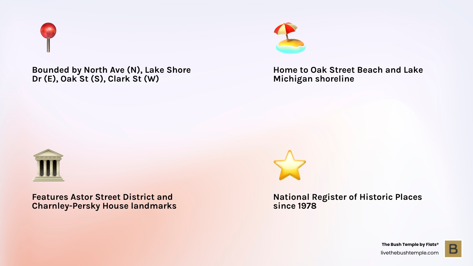Infographic showing Gold Coast Chicago neighborhood map with boundaries (North Ave, Lake Shore Dr, Oak St, Clark St), key landmarks (Astor Street District, Oak Street Beach, Charnley-Persky House, Chicago Water Tower), affluence ranking, historic designation year 1978, and icons for shopping, dining, beaches, and architecture - gold coast in chicago il infographic 4_facts_emoji_light-gradient Infographic showing Gold Coast Chicago neighborhood map with boundaries (North Ave, Lake Shore Dr, Oak St, Clark St), key landmarks (Astor Street District, Oak Street Beach, Charnley-Persky House, Chicago Water Tower), affluence ranking, historic designation year 1978, and icons for shopping, dining, beaches, and architecture - gold coast in chicago il infographic 4_facts_emoji_light-gradient