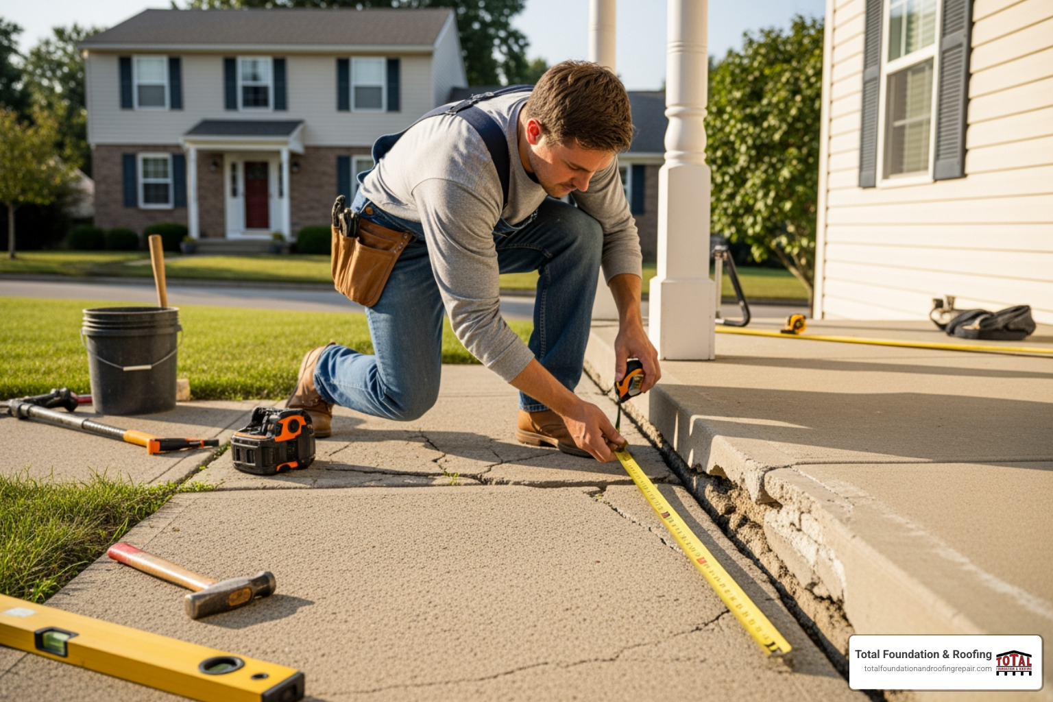 contractor measuring a porch for replacement - concrete porch replacement