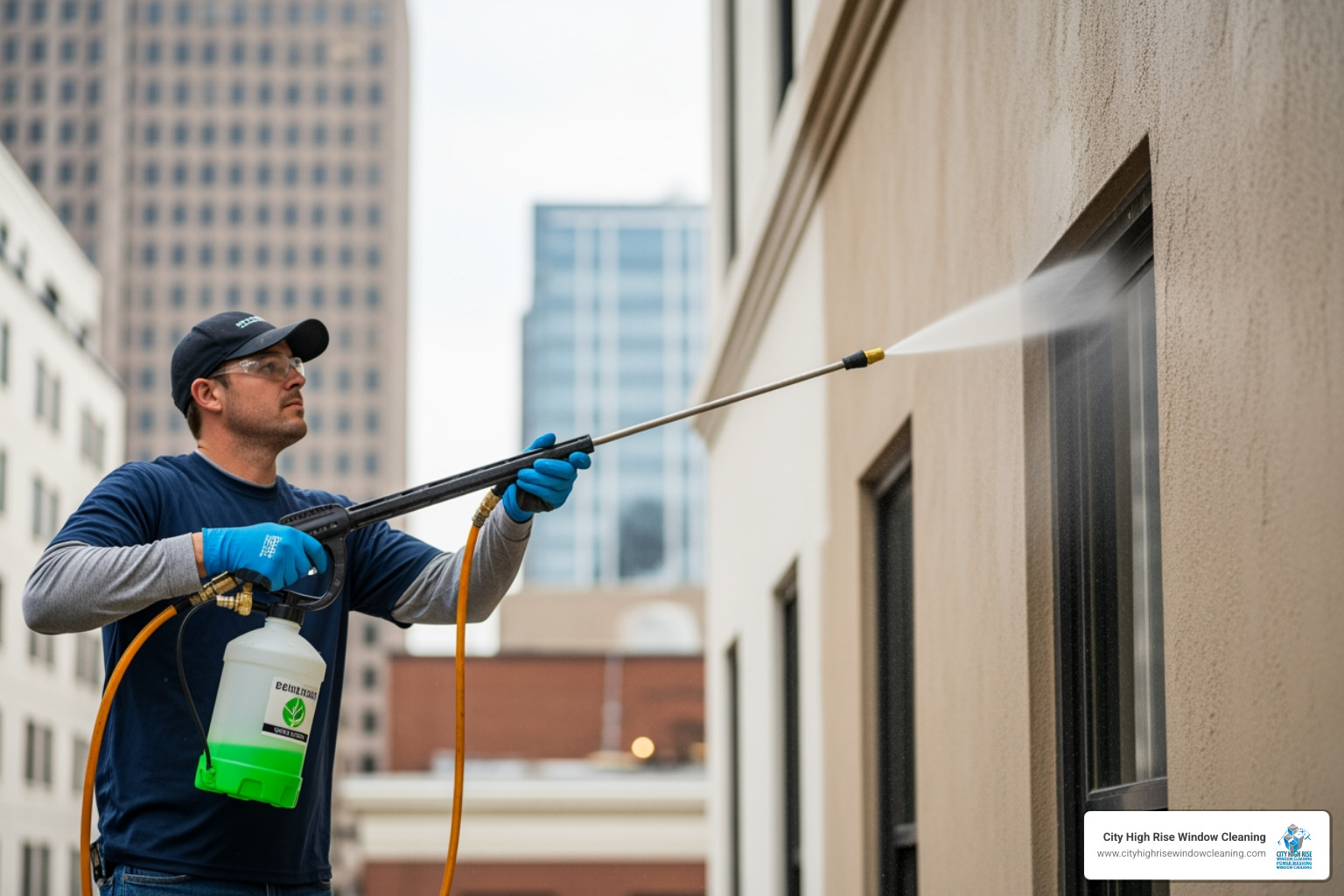 Technician performing soft washing on a delicate building surface - building exterior cleaning services near me Technician performing soft washing on a delicate building surface - building exterior cleaning services near me