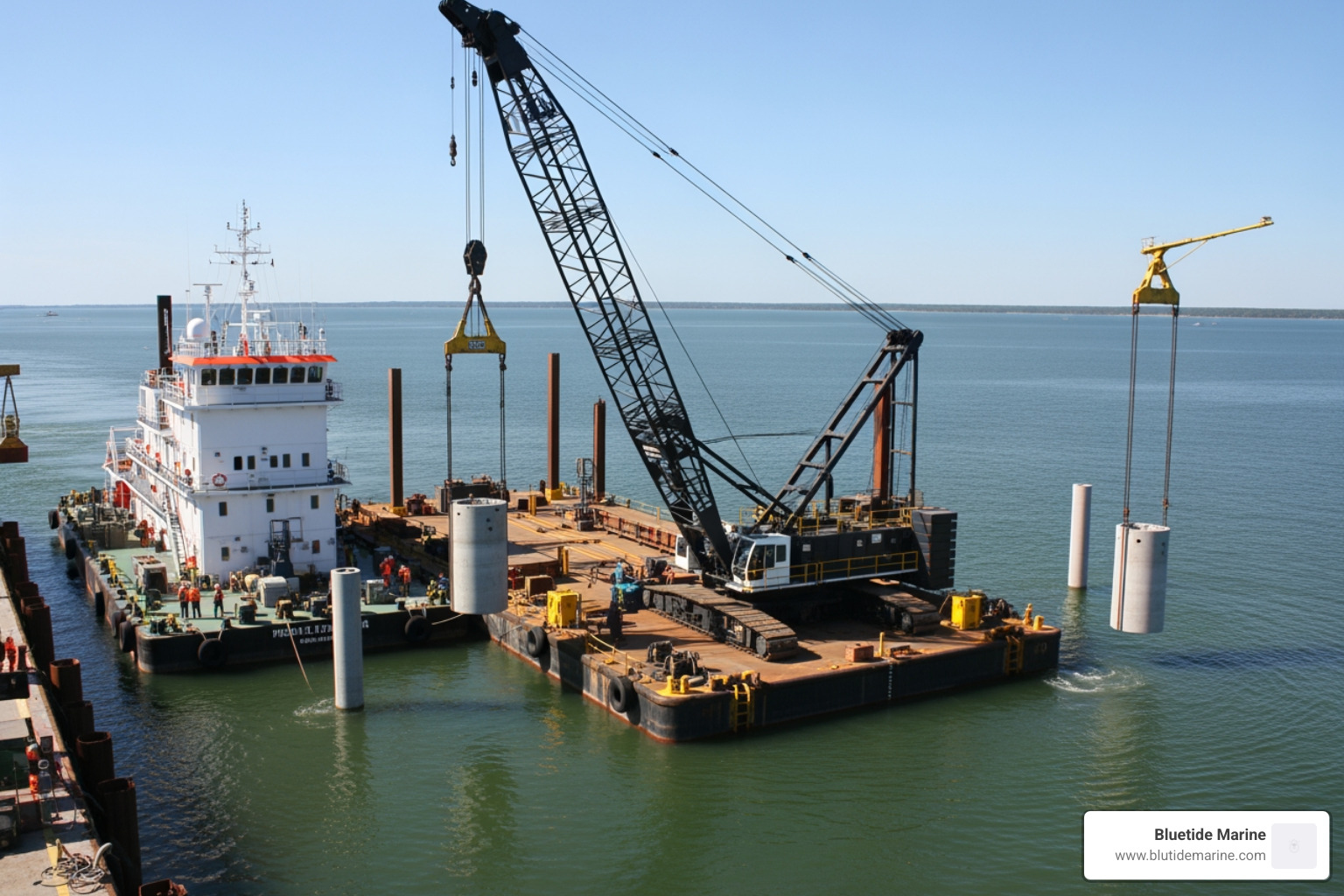 A large crane barge in operation, lifting heavy precast piles into the water for a bridge foundation - how to become a marine contractor A large crane barge in operation, lifting heavy precast piles into the water for a bridge foundation - how to become a marine contractor