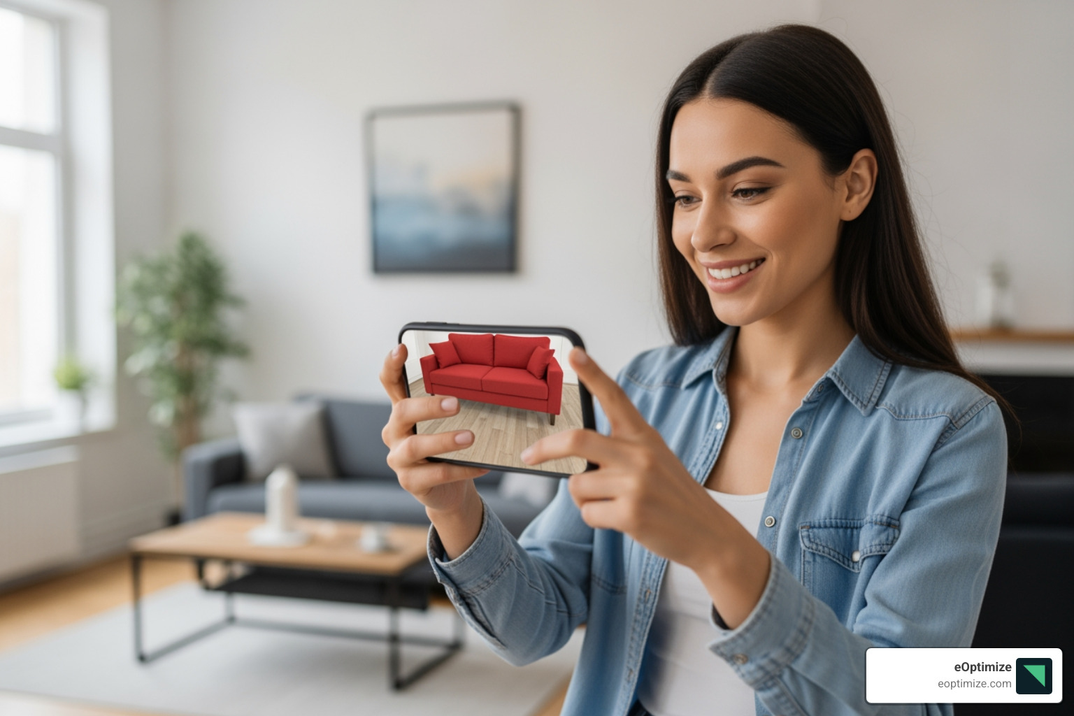 A customer using a smartphone to virtually place furniture in their living room, demonstrating an AR shopping experience and visual discovery - augmented reality seo tools