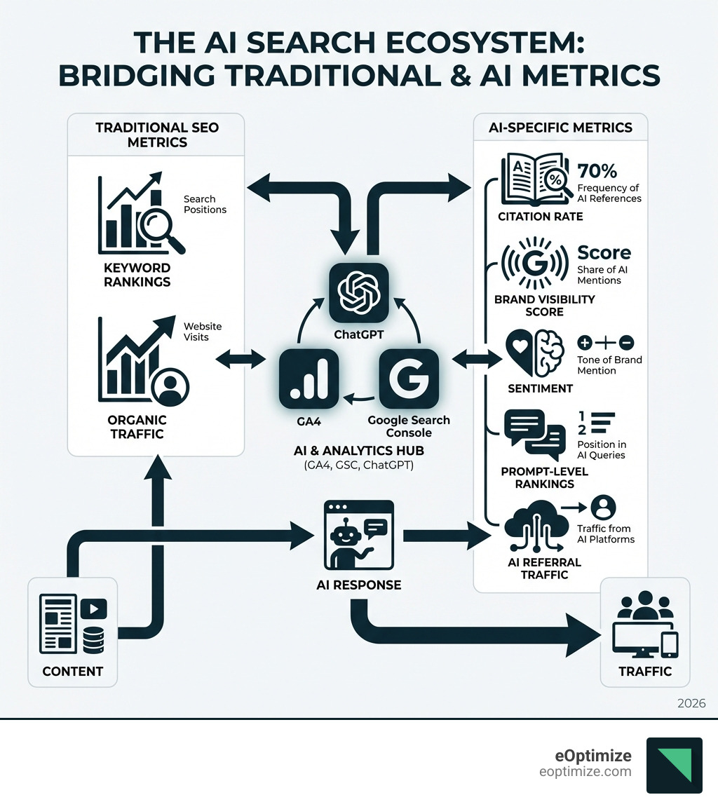 Infographic showing the AI search ecosystem: traditional SEO metrics like keyword rankings and organic traffic on one side, and AI-specific metrics like citation rate, brand visibility score, sentiment, prompt-level rankings, and AI referral traffic on the other side, with ChatGPT, GA4, and Google Search Console as the tools connecting both worlds, and arrows showing how data flows from content to AI response to traffic - chatgpt seo content performance metrics analysis infographic 