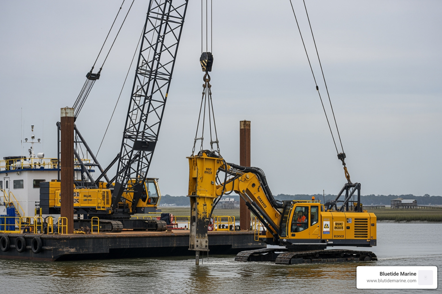 Heavy marine equipment including a crane barge and vibratory hammer working on a Charleston waterway - marine construction charleston sc Heavy marine equipment including a crane barge and vibratory hammer working on a Charleston waterway - marine construction charleston sc