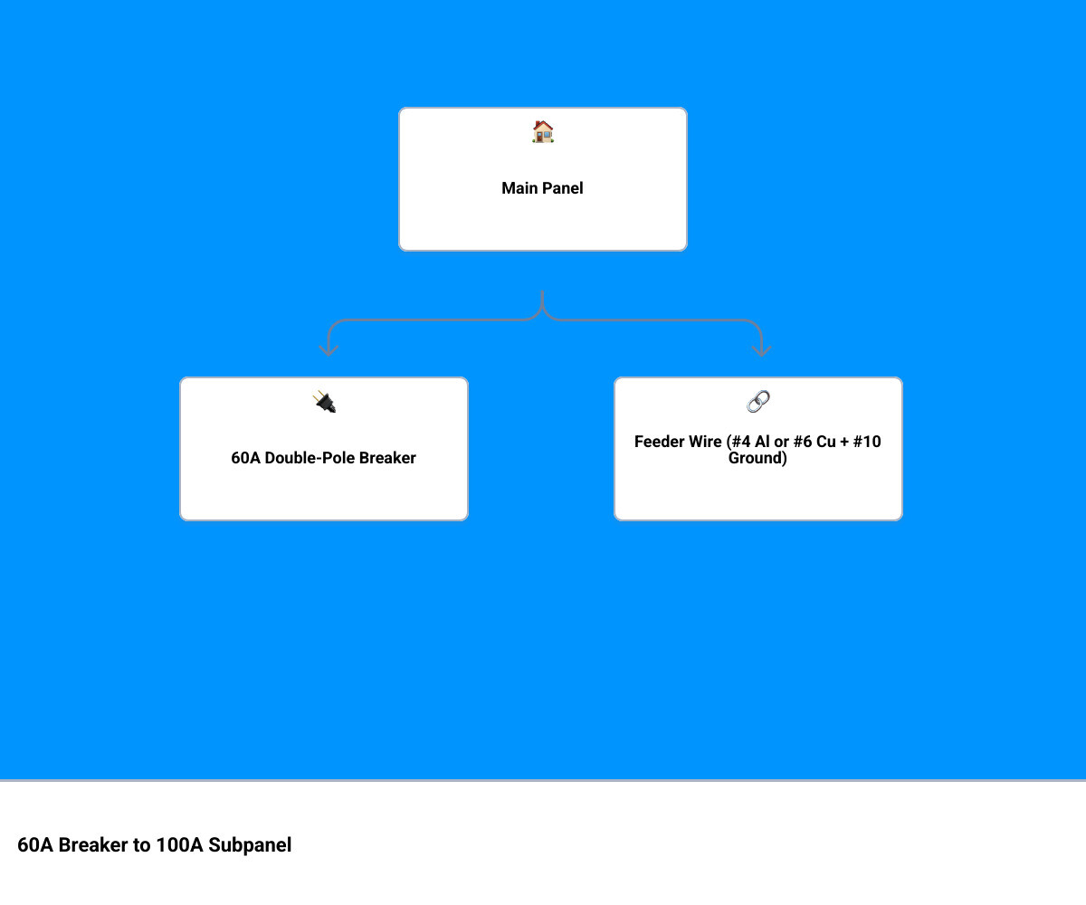 Infographic showing the relationship between a 60 amp feeder breaker in a main panel and a 100 amp rated subpanel: left side shows main panel with 60A double-pole breaker labeled 'protects feeder wire'; center shows feeder cable labeled '#4 aluminum or #6 copper, plus #10 copper ground'; right side shows 100 amp subpanel with branch breakers totaling more than 60 amps, labeled 'load diversity means not all circuits run simultaneously'; bottom note reads 'The 100A rating is a maximum capacity, not a minimum feeder requirement' - 60 amp breaker to 100 amp subpanel infographic hierarchy Diagram illustrating the connection of a 60A double-pole breaker to a 100A subpanel, featuring main panel, feeder wire specifications (#4 Al or #6 Cu + #10 ground), and safety considerations.