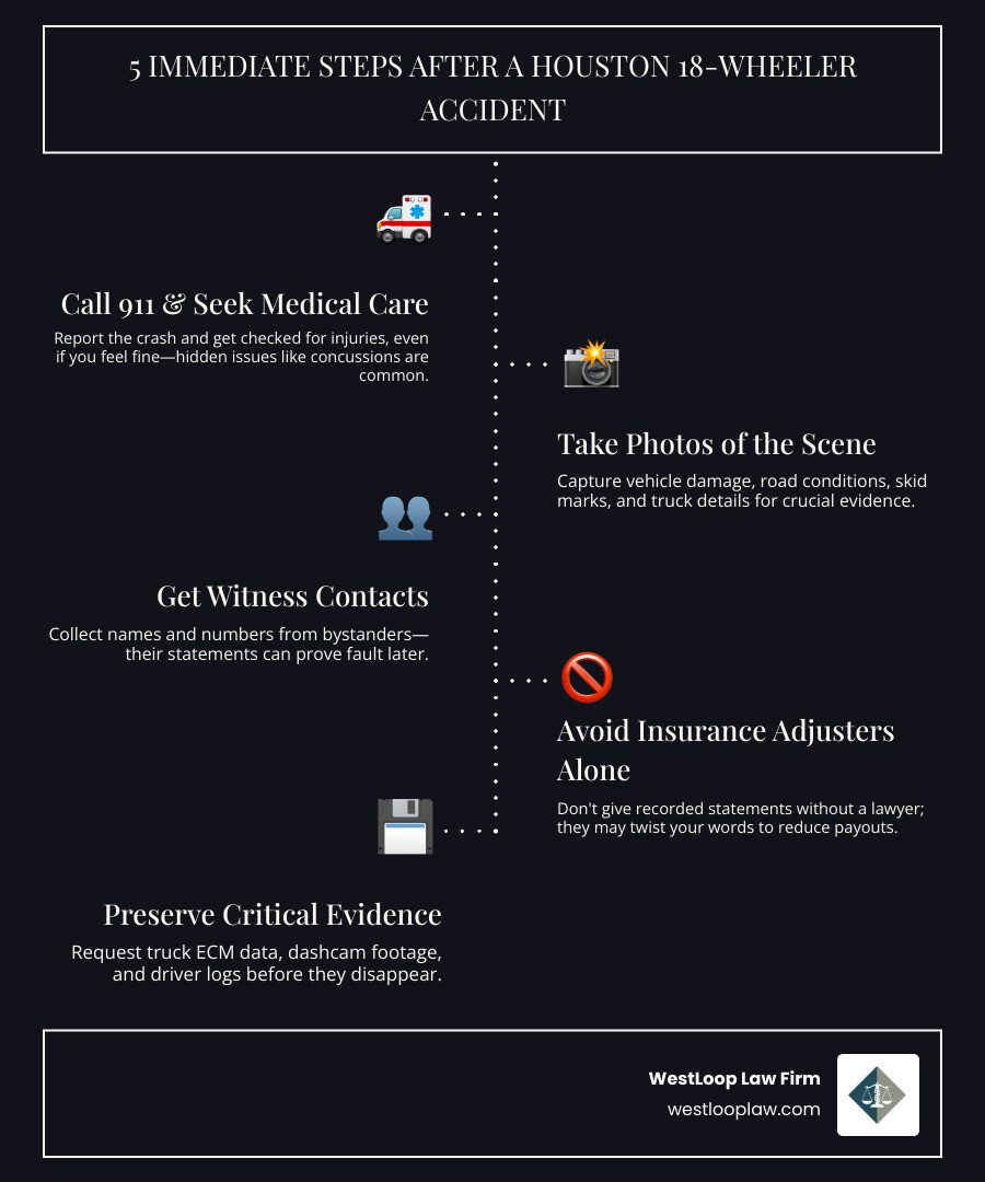 Infographic showing 5 immediate steps after a Houston 18-wheeler accident: 1) Call 911 and seek medical care, 2) Take photos of the scene, vehicles, and injuries, 3) Get witness contact information, 4) Avoid speaking to insurance adjusters alone, 5) Contact a truck accident attorney to preserve critical evidence like ECM data, dashcam footage, and driver logs - houston 18 wheeler accident infographic infographic-line-5-steps-dark Infographic showing 5 immediate steps after a Houston 18-wheeler accident: 1) Call 911 and seek medical care, 2) Take photos of the scene, vehicles, and injuries, 3) Get witness contact information, 4) Avoid speaking to insurance adjusters alone, 5) Contact a truck accident attorney to preserve critical evidence like ECM data, dashcam footage, and driver logs - houston 18 wheeler accident infographic infographic-line-5-steps-dark