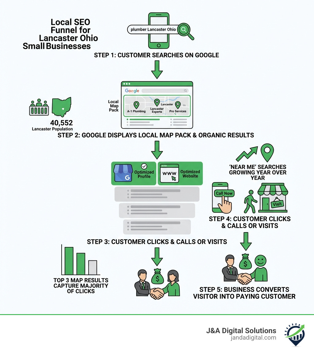Infographic showing the local SEO funnel for Lancaster Ohio small businesses: Step 1 - Customer searches on Google (e.g. 'plumber Lancaster Ohio'), Step 2 - Google displays local map pack and organic results, Step 3 - Optimized Google Business Profile and website appear at top, Step 4 - Customer clicks and calls or visits, Step 5 - Business converts visitor into paying customer; includes stat callouts: 40,552 Lancaster population, 'near me' searches growing year over year, top 3 map results capture majority of clicks - seo services Lancaster Ohio infographic 