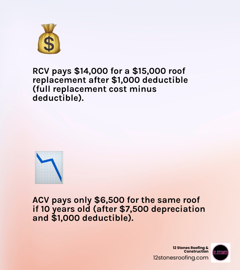 Table comparing RCV and ACV payout scenarios: For a $15,000 roof replacement with a $1,000 deductible; RCV Scenario pays $14,000 ($15k minus $1k); ACV Scenario for a 10-year-old roof pays $6,500 ($15k minus $7.5k depreciation minus $1k deductible) - insurance claim roof repair infographic 2_facts_emoji_light-gradient