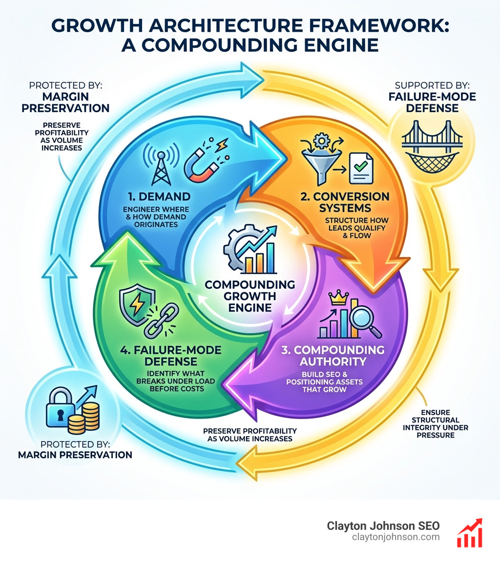 Growth architecture framework infographic showing five interconnected layers: demand creation feeding into conversion systems, which connects to compounding authority building, supported by failure-mode defense mechanisms, and protected by margin preservation — all arranged as a circular compounding engine with arrows showing how each layer reinforces the next, on a white background with clean corporate design - growth architecture for companies infographic Growth architecture framework infographic showing five interconnected layers: demand creation feeding into conversion systems, which connects to compounding authority building, supported by failure-mode defense mechanisms, and protected by margin preservation — all arranged as a circular compounding engine with arrows showing how each layer reinforces the next, on a white background with clean corporate design - growth architecture for companies infographic