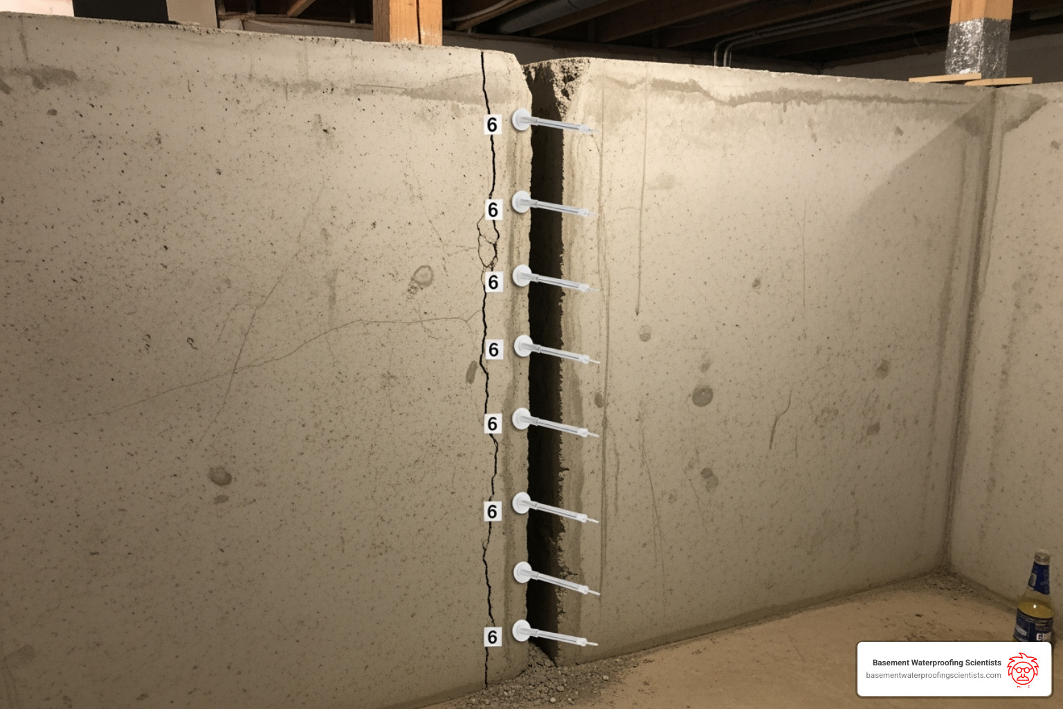 A basement wall with plastic injection ports installed every 6 inches along a vertical crack, ready for the resin to be applied. - basement crack injection