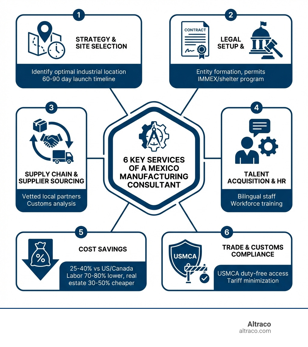 Infographic showing the 6 key services of a Mexico manufacturing consultant: 1. Strategy & Site Selection (identify optimal industrial location, 60-90 day launch timeline), 2. Legal Setup & Compliance (entity formation, permits, IMMEX/shelter program), 3. Supply Chain & Supplier Sourcing (vetted local partners, customs analysis), 4. Talent Acquisition & HR (bilingual staff, workforce training), 5. Cost Savings (25-40% vs US/Canada, labor 70-80% lower, real estate 30-50% cheaper), 6. Trade & Customs Compliance (USMCA duty-free access, tariff minimization) - Mexico manufacturing consultant infographic 