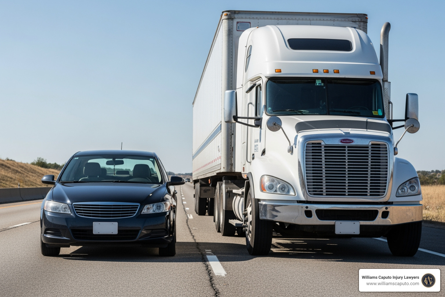 Comparison of a 4,000-pound passenger car next to an 80,000-pound fully loaded semi-truck - 18 wheeler wreck lawyers