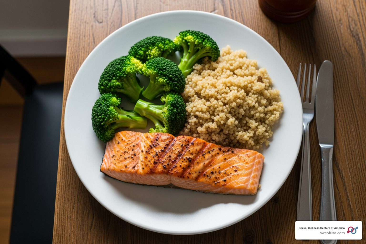 A healthy meal featuring grilled salmon, steamed broccoli, and a side of quinoa, illustrating the balance of lean protein, healthy fats, and fiber - natural remedies for hormonal imbalance and weight gain