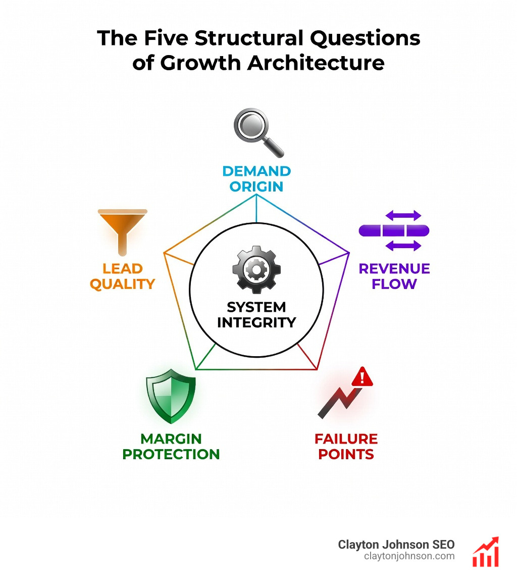 Infographic showing the five structural questions of growth architecture arranged in a pentagon shape: Demand Origin at the top, Lead Quality and Revenue Flow on the sides, and Failure Points and Margin Protection at the base, with a central core labeled System Integrity on a white background - growth architecture for companies infographic Infographic showing the five structural questions of growth architecture arranged in a pentagon shape: Demand Origin at the top, Lead Quality and Revenue Flow on the sides, and Failure Points and Margin Protection at the base, with a central core labeled System Integrity on a white background - growth architecture for companies infographic