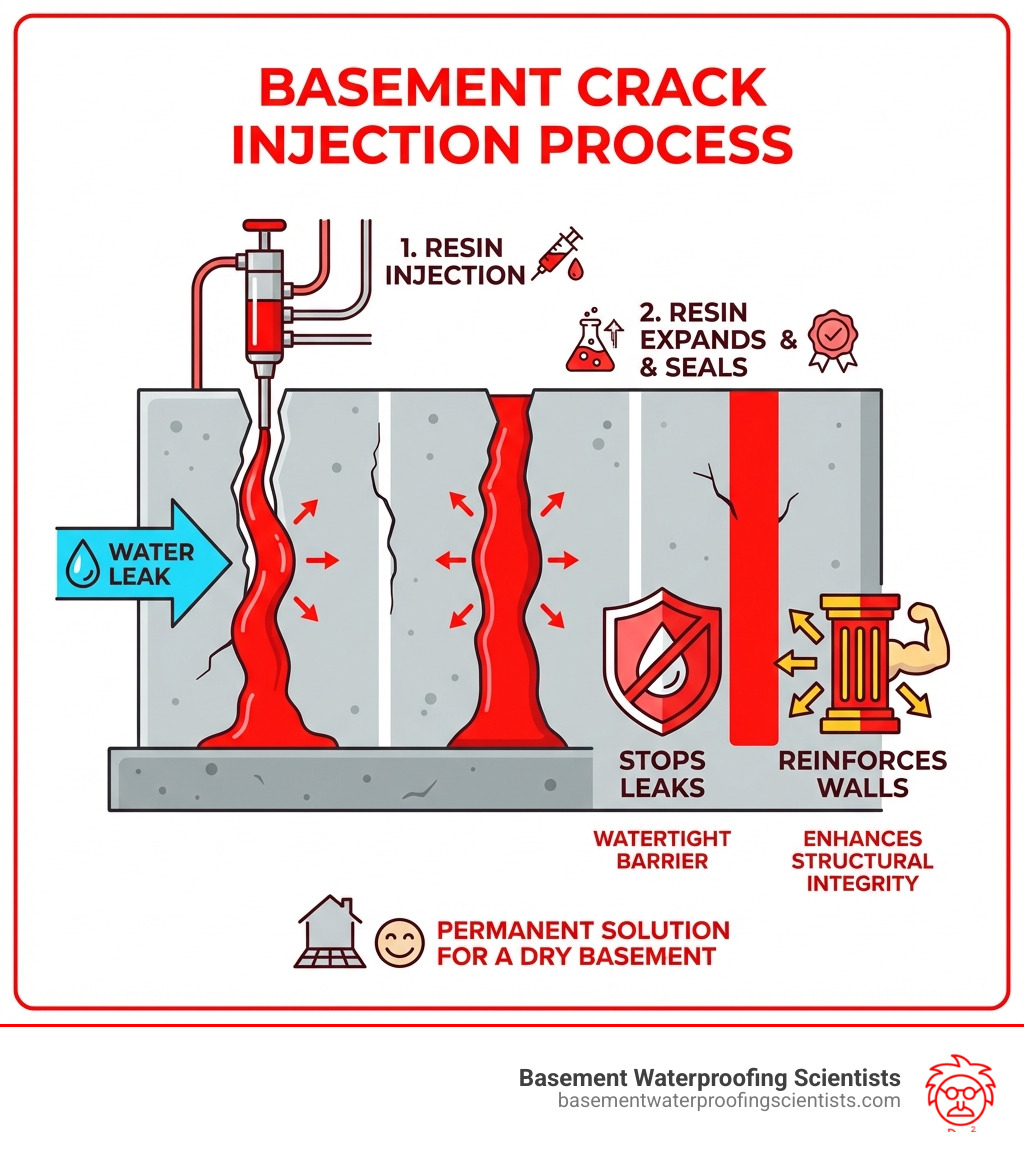 Infographic detailing the basement crack injection process, showing resin being injected into a crack to form a seal, and highlighting key benefits like stopping leaks and reinforcing walls. - basement crack injection infographic 