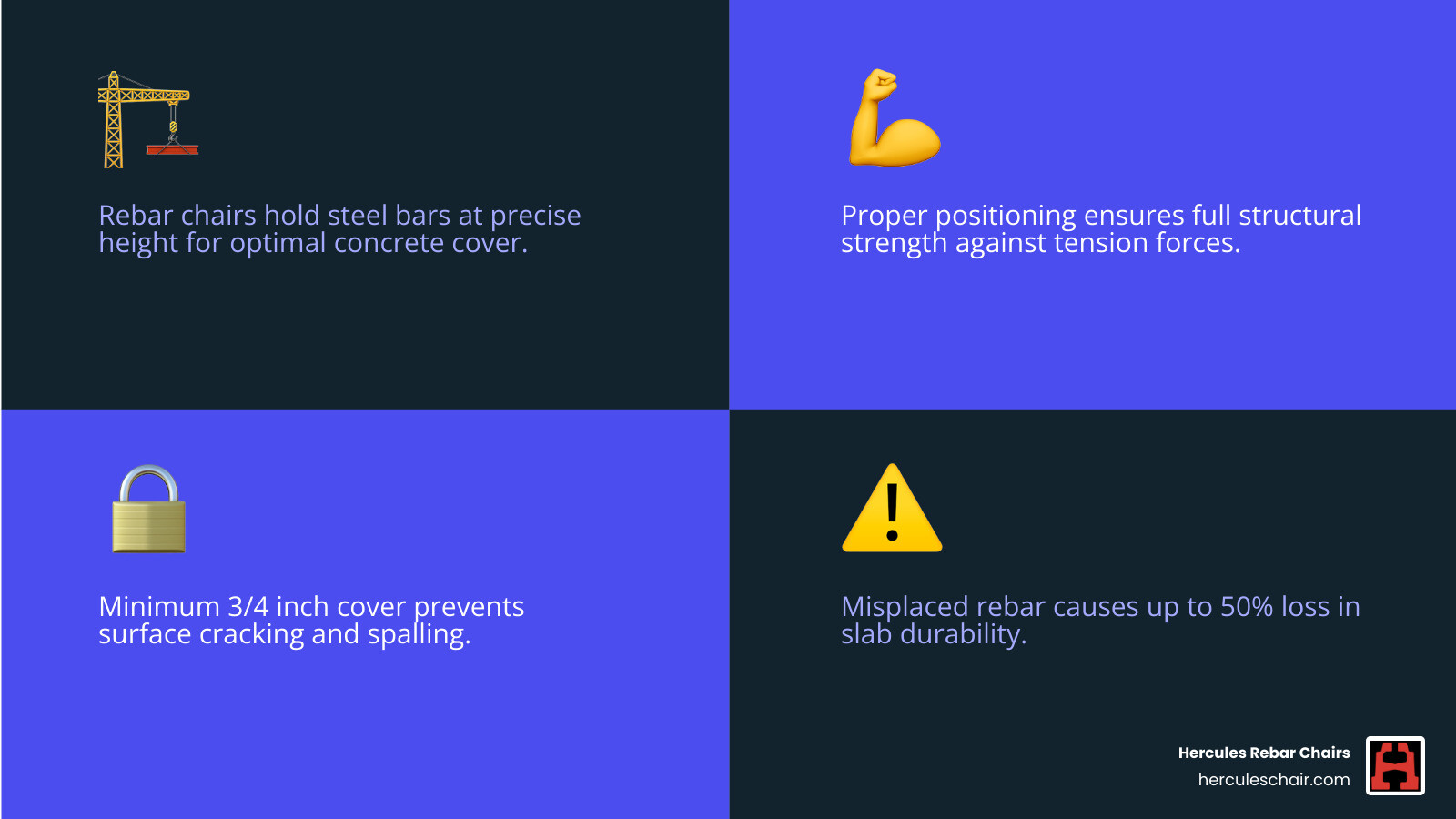 Infographic showing concrete slab cross-section with rebar chair supporting a steel bar at the correct cover depth, labeled with: concrete surface at top, rebar bar in the middle held by chair, subbase at bottom, arrows indicating cover depth above rebar and below rebar, notes on what happens when cover is too shallow vs too deep, and a side panel listing the 4 main types of rebar chair supports with icons - rebar chair supports infographic 4_facts_emoji_blue