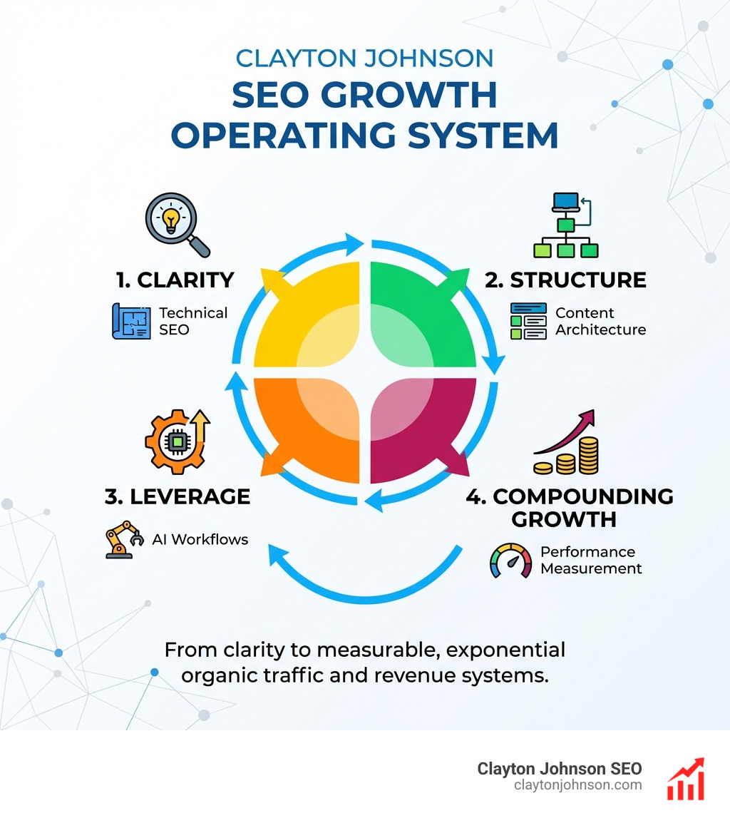 Infographic showing the Clayton Johnson SEO Growth Operating System: four-stage framework from Clarity to Structure to Leverage to Compounding Growth, with icons for Technical SEO, Content Architecture, AI Workflows, and Performance Measurement on a white enterprise corporate background - Clayton Johnson SEO infographic Infographic showing the Clayton Johnson SEO Growth Operating System: four-stage framework from Clarity to Structure to Leverage to Compounding Growth, with icons for Technical SEO, Content Architecture, AI Workflows, and Performance Measurement on a white enterprise corporate background - Clayton Johnson SEO infographic