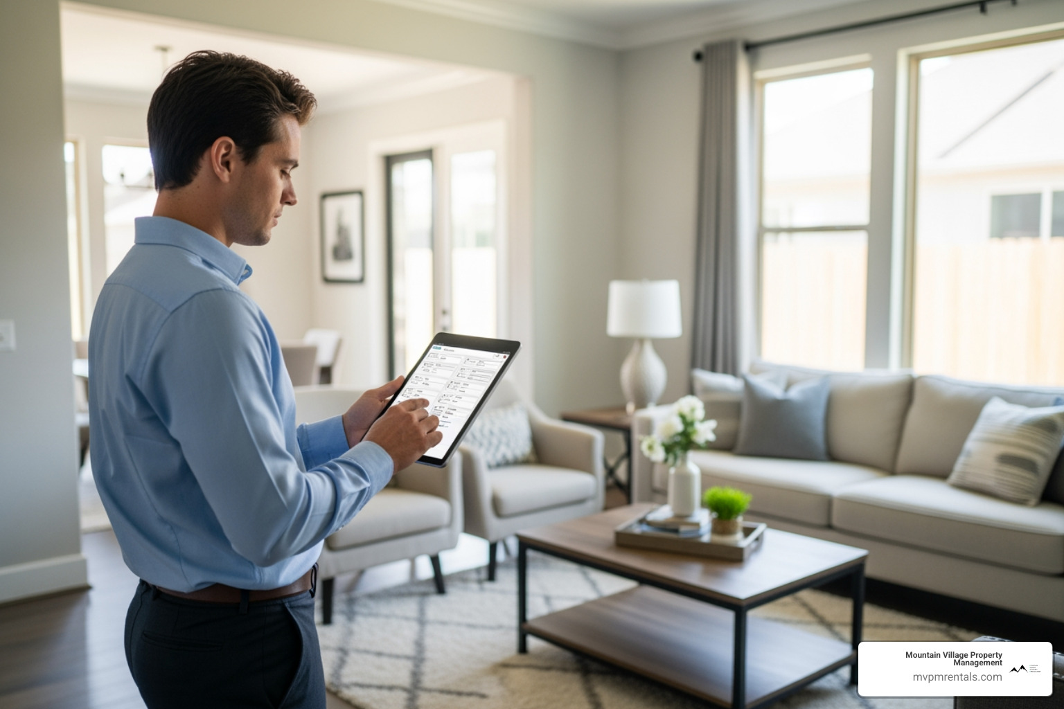 professional property manager using a tablet to conduct a room-by-room inspection - full value property management