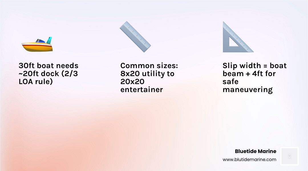 Infographic showing the 2/3 dock-to-boat length rule with labeled examples: 30ft boat = 20ft dock, 40ft boat = 27ft dock, 50ft boat = 33ft dock; includes minimum slip width formula of boat beam plus 4 feet, and common dock footprints from 8x20 utility to 20x20 entertainer - average boat dock size infographic 3_facts_emoji_light-gradient Infographic showing the 2/3 dock-to-boat length rule with labeled examples: 30ft boat = 20ft dock, 40ft boat = 27ft dock, 50ft boat = 33ft dock; includes minimum slip width formula of boat beam plus 4 feet, and common dock footprints from 8x20 utility to 20x20 entertainer - average boat dock size infographic 3_facts_emoji_light-gradient