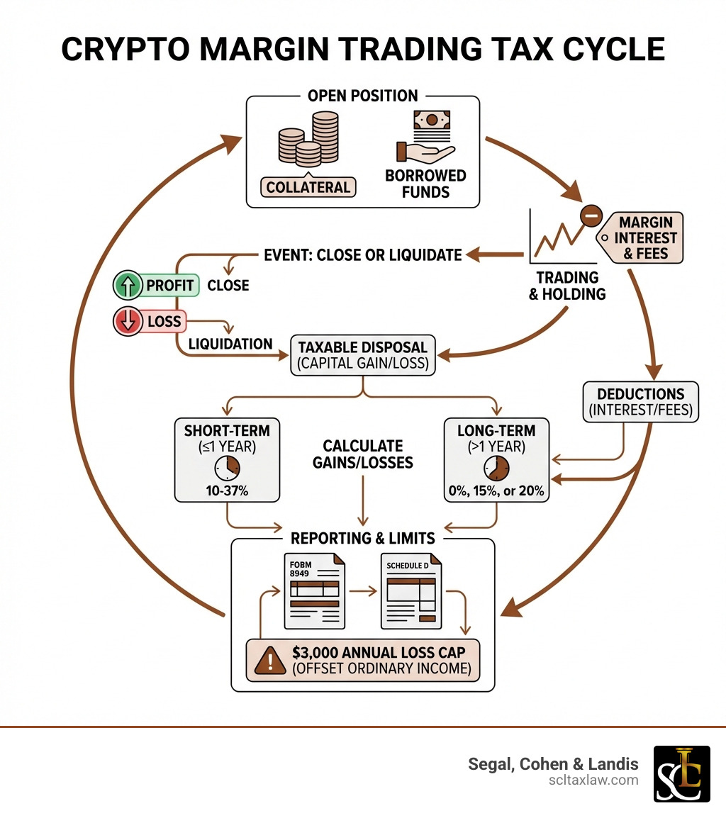 Infographic showing the crypto margin trading tax cycle: opening a leveraged position with borrowed funds and collateral, closing or getting liquidated triggering a taxable disposal, calculating short-term vs long-term capital gains, deducting margin interest and fees, and reporting everything on Form 8949 and Schedule D with the $3,000 annual loss cap noted - crypto margin trading taxes infographic