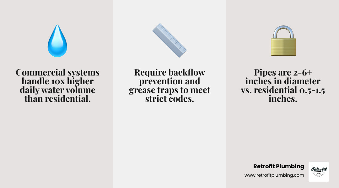 Infographic comparing commercial vs residential plumbing systems: commercial systems handle higher daily water volume and pressure, use larger diameter pipes (2-6+ inches vs residential 0.5-1.5 inches), require specialized backflow prevention and grease traps, have multiple fixture zones and shut-off valves, must meet stricter building codes, and need technicians with commercial-specific certifications and tools - commercial plumbing companies near me infographic 3_facts_emoji_grey