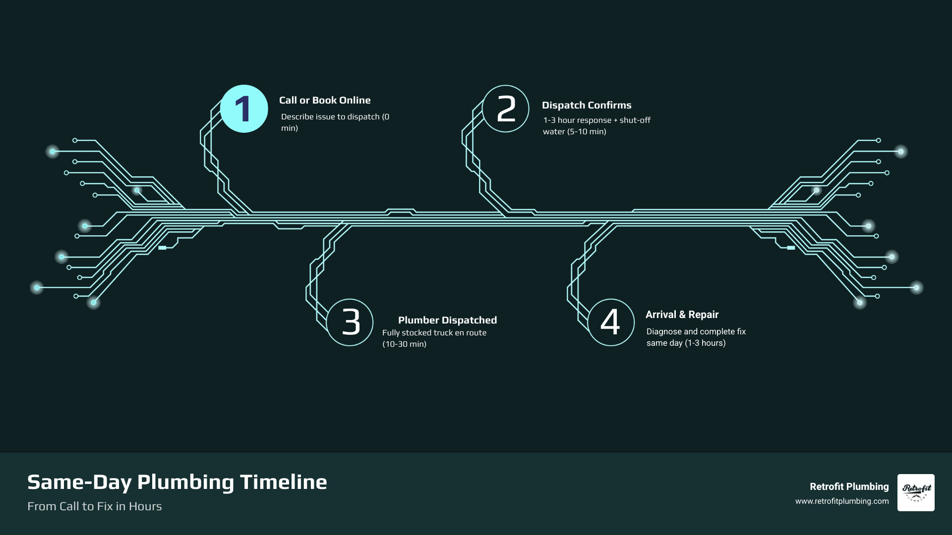 Infographic showing the timeline of a same-day plumbing call: Step 1 - Homeowner calls or books online and describes the issue (0 minutes); Step 2 - Dispatch confirms response window of 1-3 hours and provides interim instructions like shutting off water (5-10 minutes); Step 3 - Licensed plumber is dispatched with fully stocked truck (10-30 minutes); Step 4 - Plumber arrives, inspects, and diagnoses the problem (1-3 hours after call); Step 5 - Repair is completed same day in most cases; Step 6 - Final cost breakdown provided: $75-$150 service call fee, $100-$150/hr labor, +15-25% premium for after-hours or weekend calls - same day plumbers near me infographic infographic-4-steps-tech