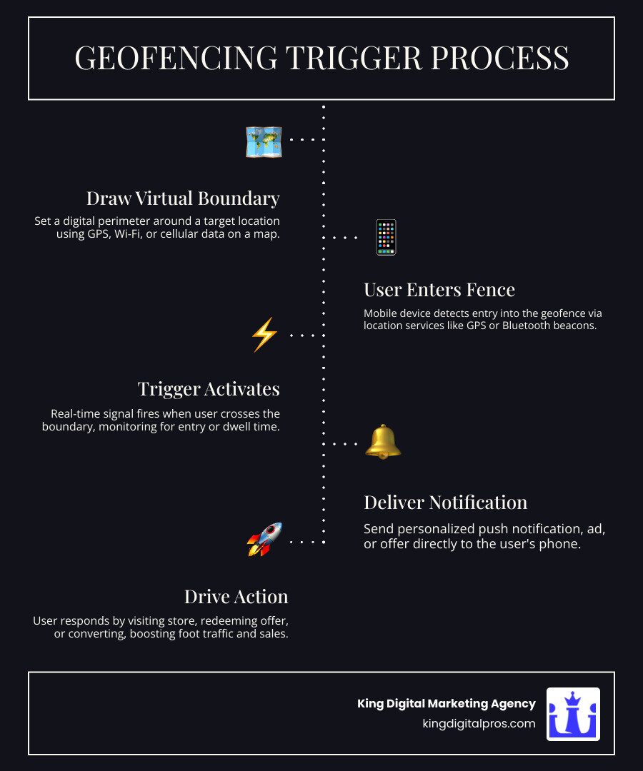 Step-By-Step Infographic Showing The Geofencing Trigger Process: A Virtual Boundary Is Drawn On A Map Around A Business Location, A Mobile User Enters The Boundary, Their Device's Gps Or Wi-Fi Signals Are Detected, An Automated Trigger Fires, A Personalized Push Notification Or Ad Is Delivered To The User's Phone, And The User Takes Action By Visiting The Store Or Redeeming An Offer - How To Set Up Geofencing Marketing Infographic Infographic-Line-5-Steps-Dark