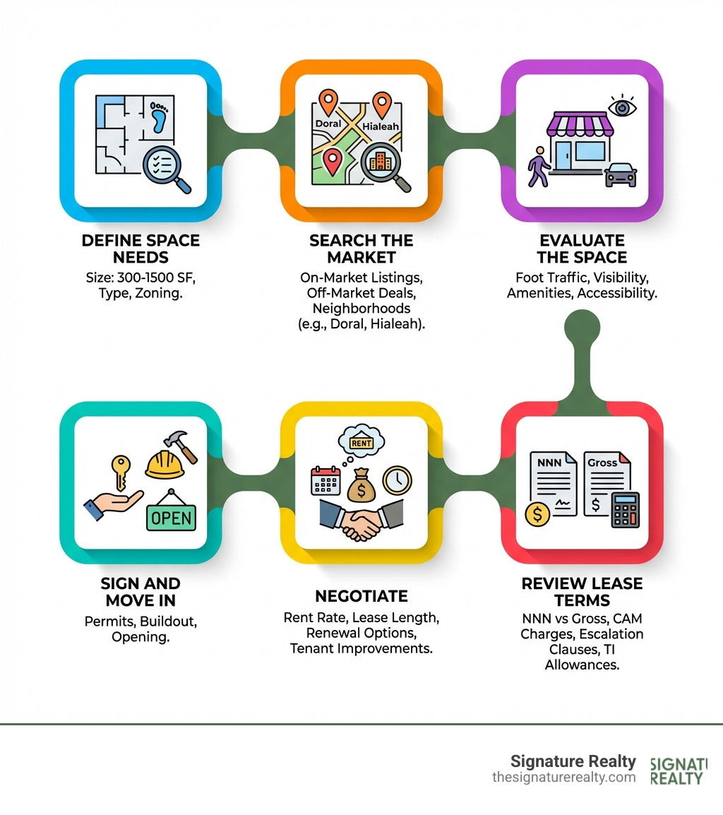 Retail leasing lifecycle infographic showing 6 stages: Define Space Needs (size 300-1500 SF, type, zoning), Search the Market (on-market listings, off-market deals, neighborhoods like Doral and Hialeah), Evaluate the Space (foot traffic, visibility, amenities, accessibility), Review Lease Terms (NNN vs Gross, CAM charges, escalation clauses, TI allowances), Negotiate (rent rate, lease length, renewal options, tenant improvements), Sign and Move In (permits, buildout, opening) - small retail space for rent near me infographic Retail leasing lifecycle infographic showing 6 stages: Define Space Needs (size 300-1500 SF, type, zoning), Search the Market (on-market listings, off-market deals, neighborhoods like Doral and Hialeah), Evaluate the Space (foot traffic, visibility, amenities, accessibility), Review Lease Terms (NNN vs Gross, CAM charges, escalation clauses, TI allowances), Negotiate (rent rate, lease length, renewal options, tenant improvements), Sign and Move In (permits, buildout, opening) - small retail space for rent near me infographic