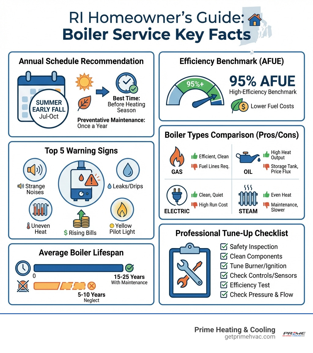 Infographic showing key boiler service facts for Rhode Island homeowners: annual service schedule recommendation, top 5 warning signs a boiler needs attention, efficiency benchmark of 95% AFUE, average boiler lifespan of 15-25 years with maintenance, comparison of gas vs oil vs electric vs steam boiler types with pros and cons, and a checklist of what a professional boiler tune-up includes - Boiler service Rhode Island infographic 