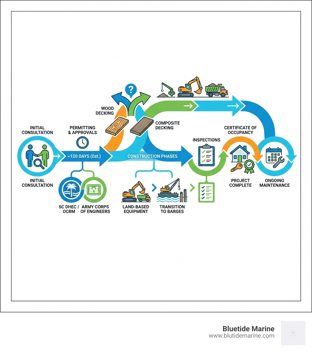 Infographic showing the marine construction lifecycle from initial consultation through permitting with OCRM and Army Corps of Engineers, material selection between wood and composite decking, construction phases using land-based equipment transitioning to barges, inspections, certificate of occupancy, and ongoing maintenance — with timelines, key agencies, and decision points at each stage - american marine contractors infographic Infographic showing the marine construction lifecycle from initial consultation through permitting with OCRM and Army Corps of Engineers, material selection between wood and composite decking, construction phases using land-based equipment transitioning to barges, inspections, certificate of occupancy, and ongoing maintenance — with timelines, key agencies, and decision points at each stage - american marine contractors infographic