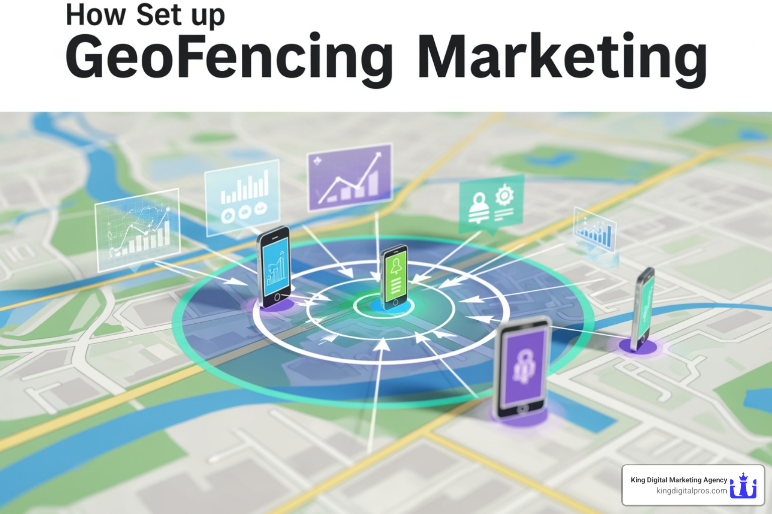 A Digital Marketing Dashboard Showing A Map Of A Local Neighborhood With Several Circular And Custom-Shaped Geofences Highlighted In Blue And Green, With Settings For 'Radius' And 'Trigger' Visible On The Side Panel - How To Set Up Geofencing Marketing