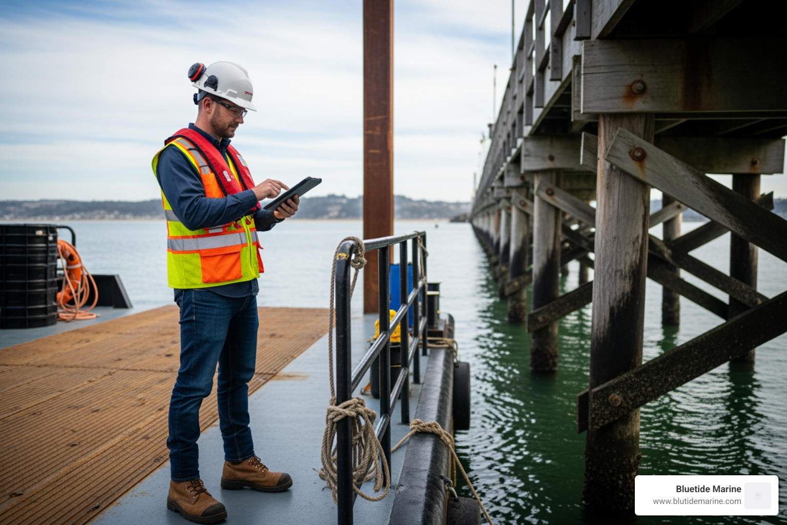 A marine contractor wearing safety gear, standing on a floating barge and using a tablet to inspect the structural integrity of a wooden pier in the Charleston harbor - what is a marine contractor