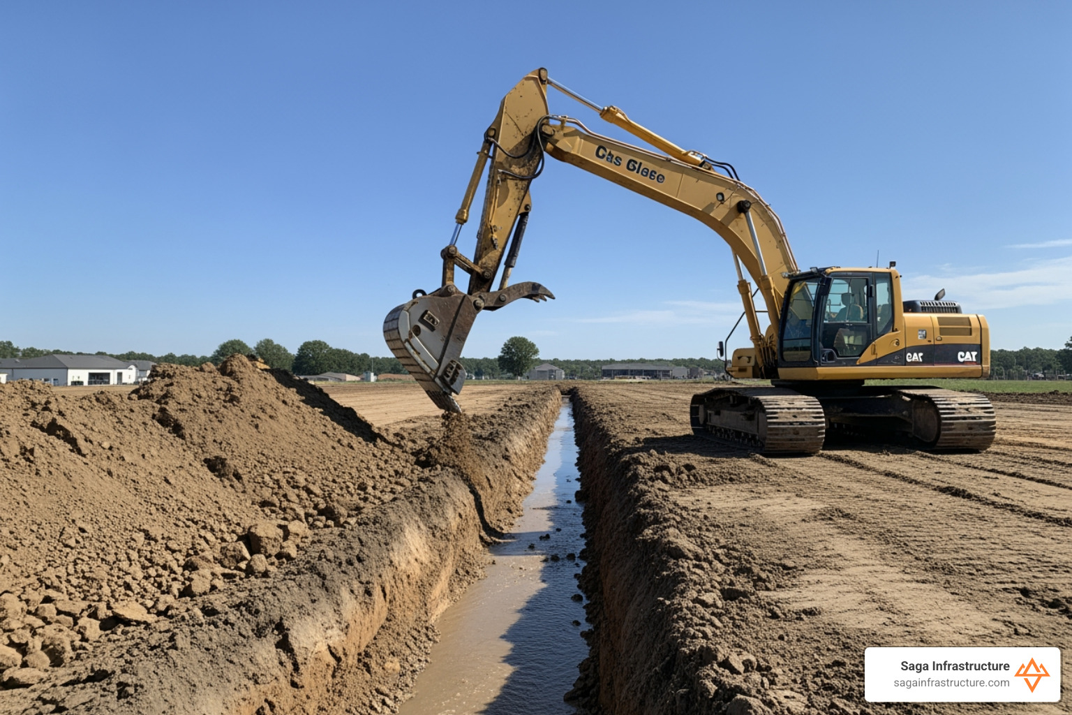 excavator creating a drainage swale - site preparation for building