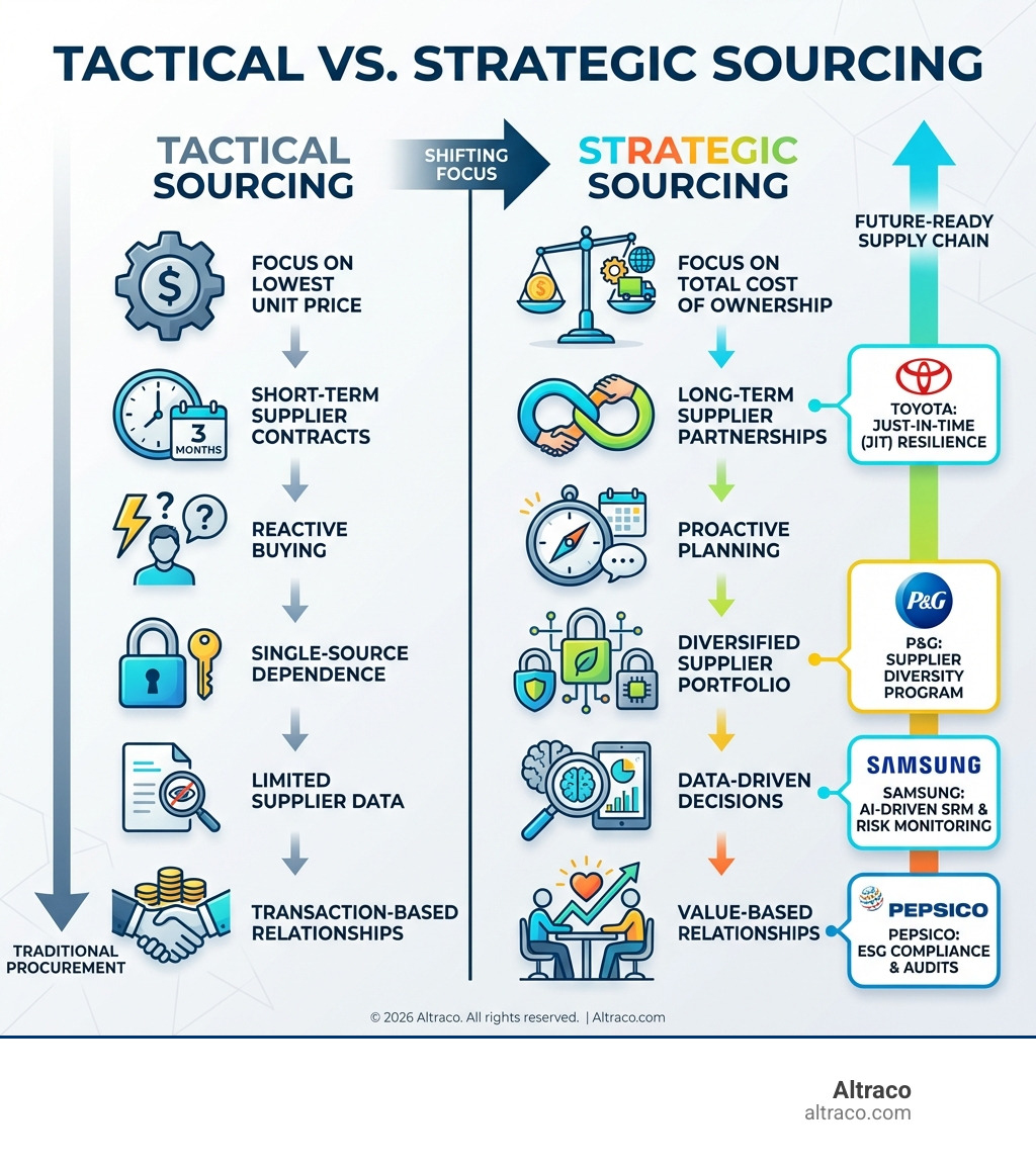 Infographic comparing tactical vs strategic sourcing: two-column layout showing Tactical Sourcing on the left (focus on lowest unit price, short-term supplier contracts, reactive buying, single-source dependence, limited supplier data, transaction-based relationships) versus Strategic Sourcing on the right (focus on total cost of ownership, long-term supplier partnerships, proactive planning, diversified supplier portfolio, data-driven decisions, value-based relationships), with real-world company examples mapped to each strategic sourcing benefit including Toyota for JIT, Samsung for AI-driven SRM, PepsiCo for ESG compliance, and P&G for supplier diversity) - strategic sourcing examples infographic 
