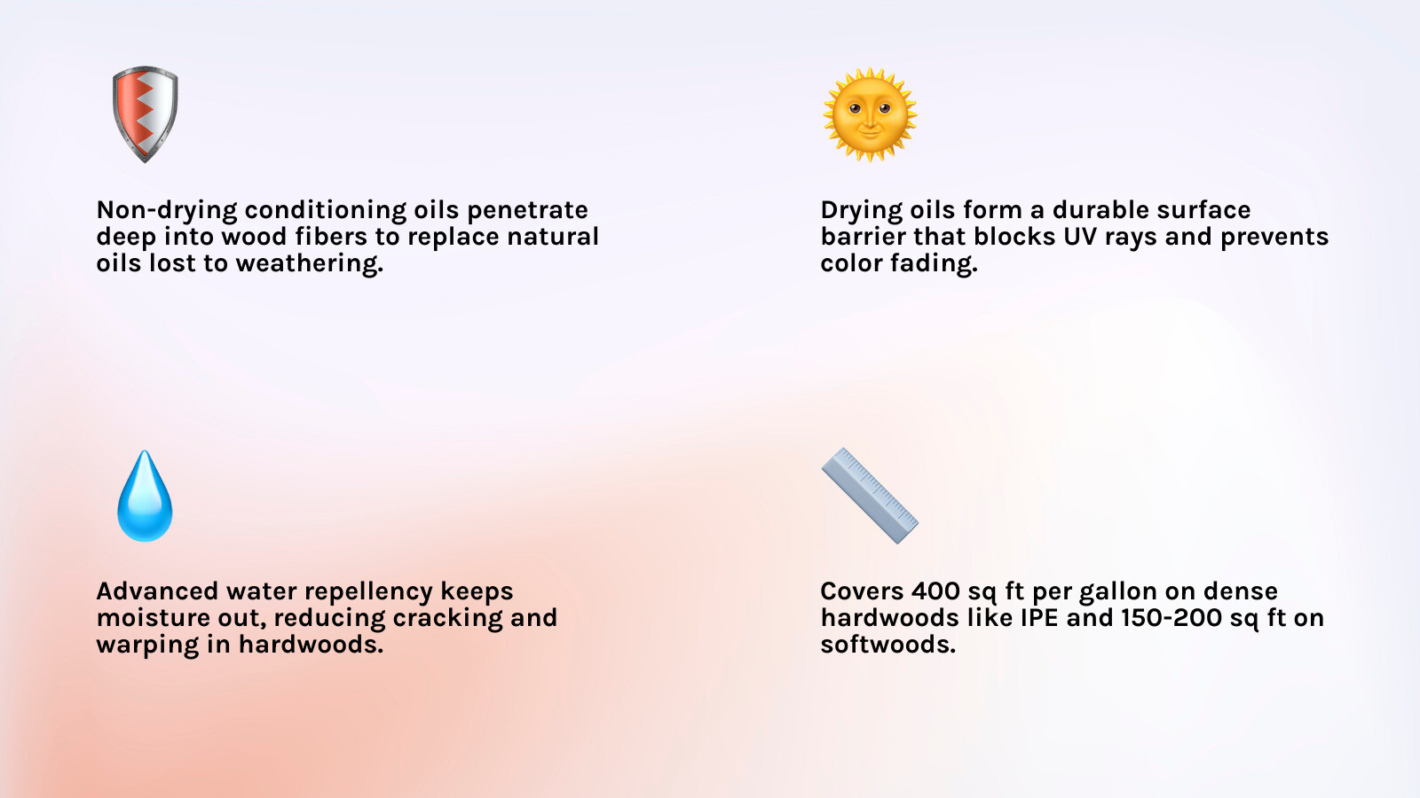 Infographic showing Armstrong Clark Black Walnut stain system: two-part oil mechanism with non-drying conditioning oils penetrating wood fiber for rejuvenation, drying oils forming a surface barrier for moisture and UV protection, key benefits listed including color retention, water repellency, and low maintenance, plus coverage rates for hardwoods at 400 sq ft per gallon and softwoods at 150-200 sq ft per gallon - Armstrong Clark black walnut infographic 4_facts_emoji_light-gradient