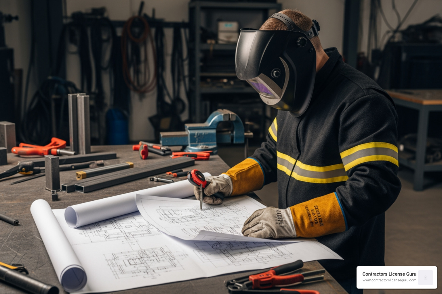 A professional welder in a workshop reviewing detailed blue prints for a complex metal fabrication project before starting work - california welding contractor license