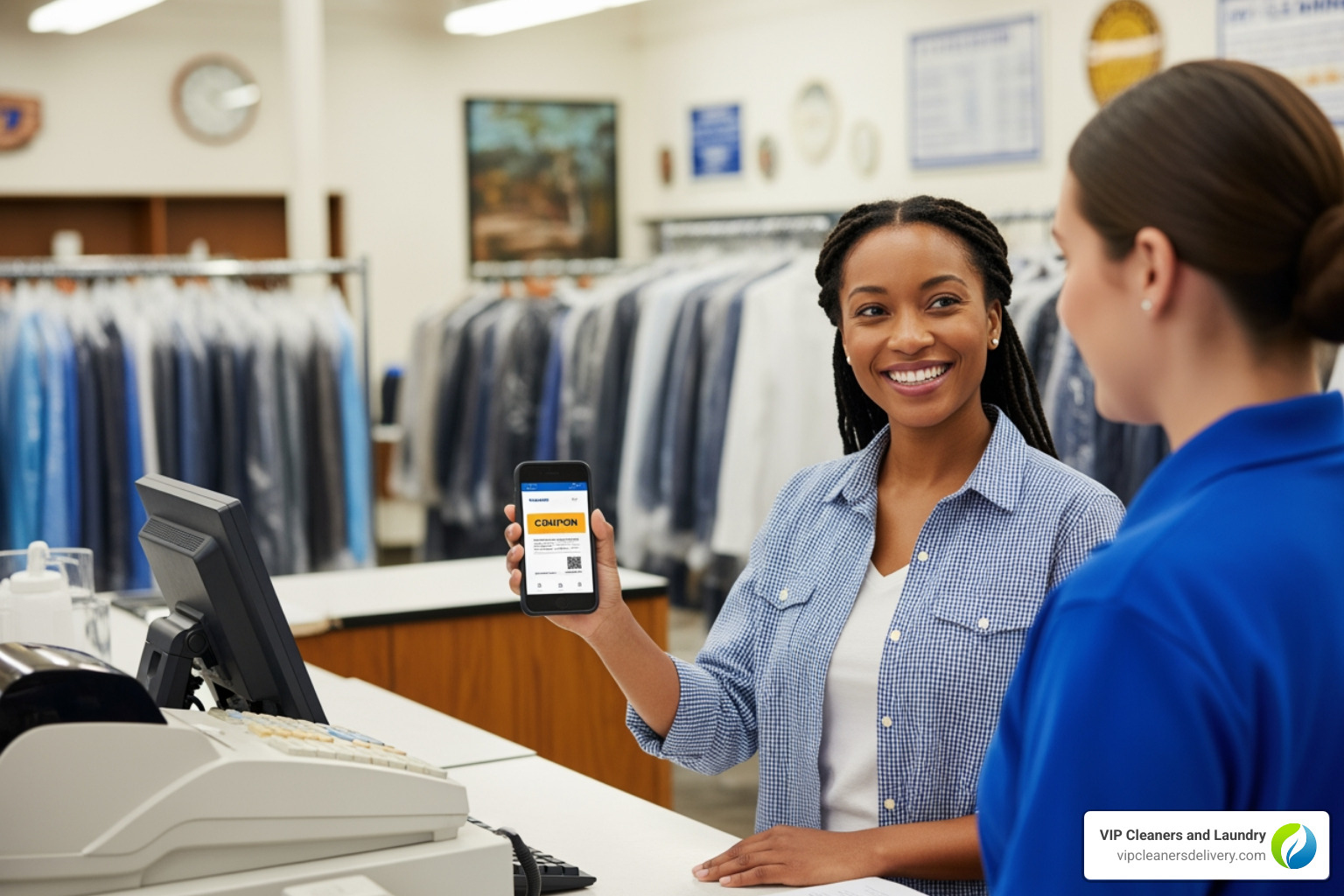 customer showing a digital coupon on a smartphone - Dry cleaning coupons